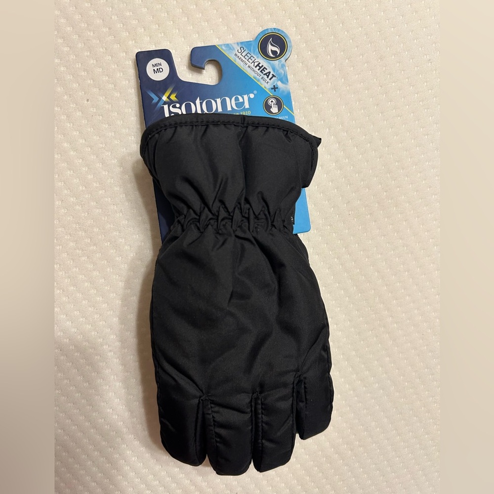 Men’s Medium Isotoner Packable Black Gloves Smart Touch Smart Dri Sleek Heat NWT
